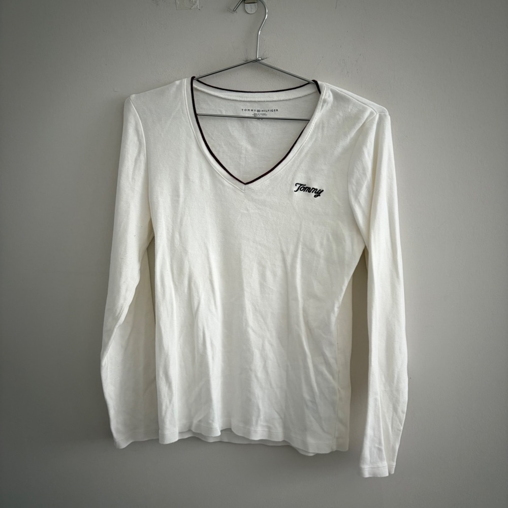 Tommy Hilfiger Womens White V-Neck Long Sleeve Script Logo T-Shirt Large